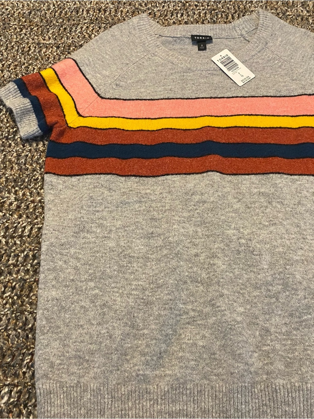 torrid Gray Short Sleeve Sweater with Multicolor Chest Stripes